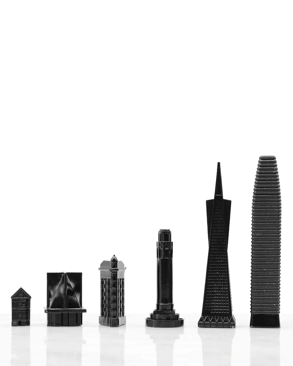 Skyline Chess Set Stainless Steel New York Vs San Francisco Edition with B/W Hatch Board