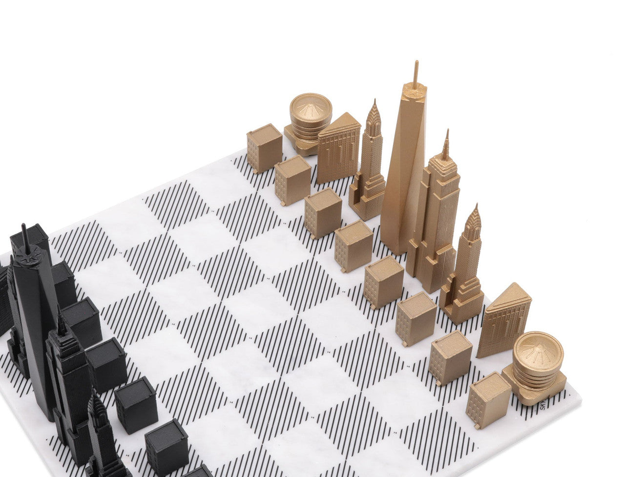 Skyline Chess Set Luxury Bronze NEW YORK Edition with Marble Hatch Board