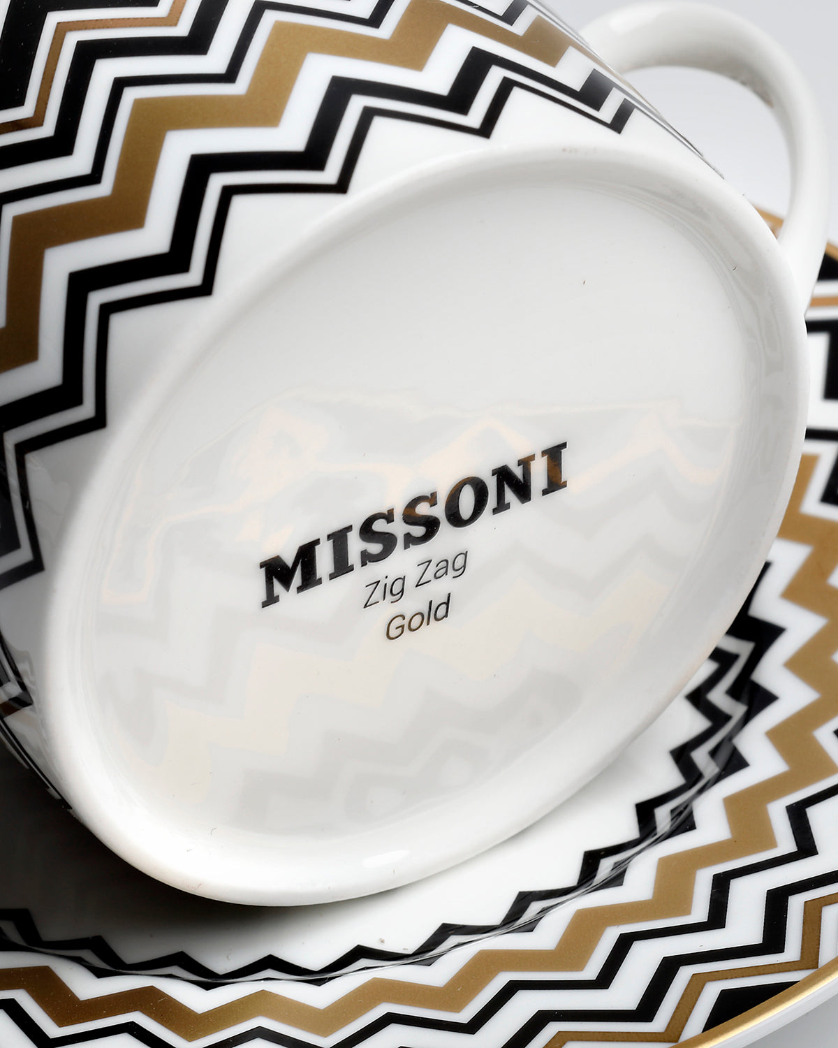 Missoni Home Coffee Cup & Saucer ZIG ZAG Set of 2 in Luxury Box Gold diam. 2.3", H 2.5", Cap. 4 oz, Saucer diam. 4.75"