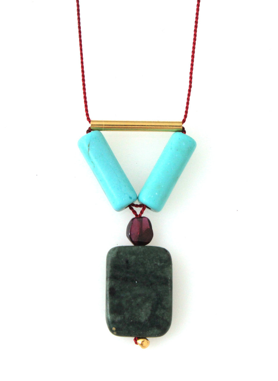 GREEN JASPER, MAGNESITE, GARNET AND GOLD-PLATED BRASS NECKLACE ON RED SILK
