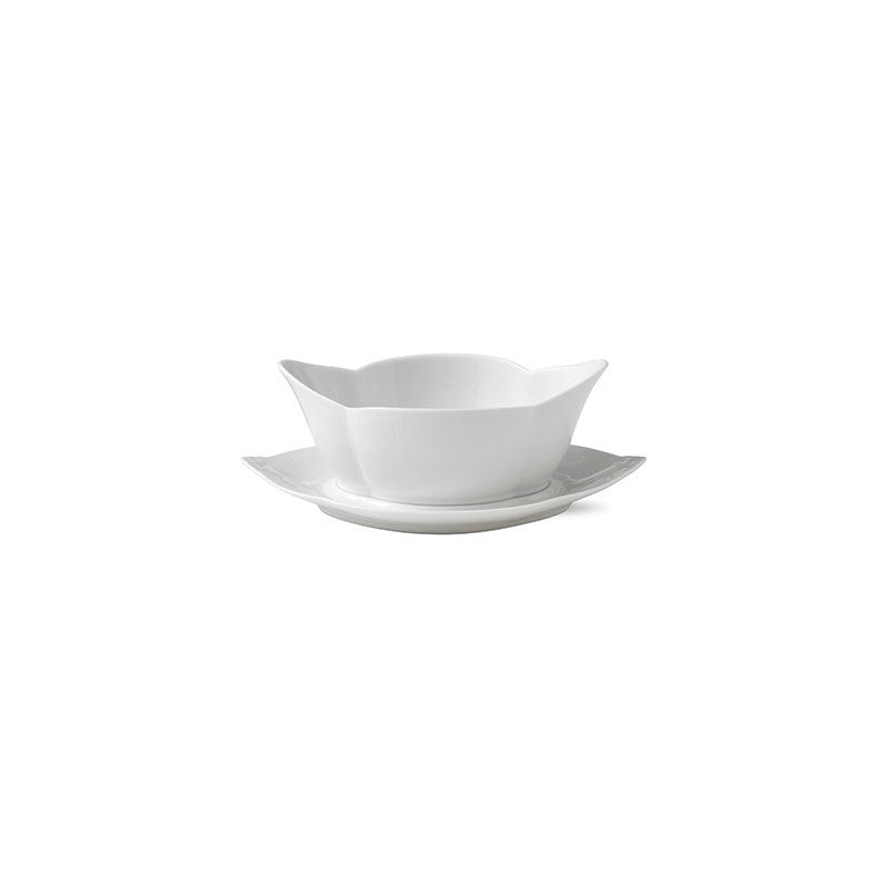 Royal Copenhagen White Fluted Gravy Boat with Stand 9 in, 18 oz