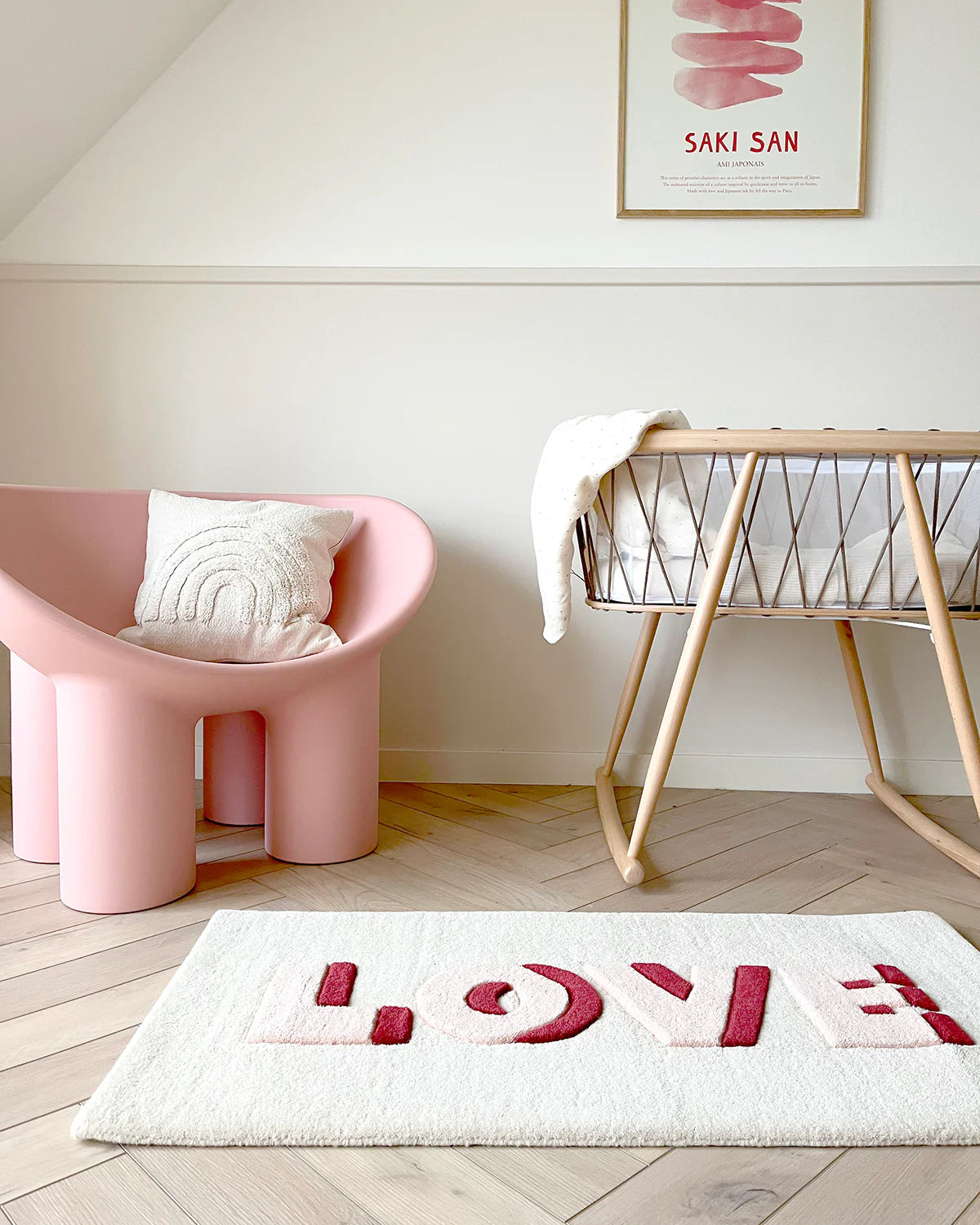 Rug LOVE Cream / Red Print 3.3 x 1.6 ft by Maison Deux