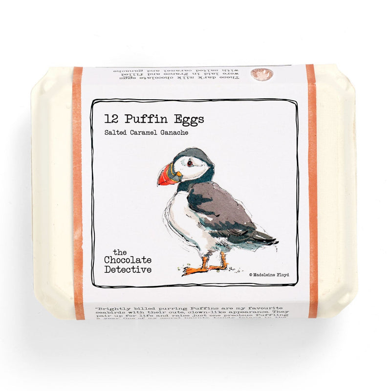 Zoom Pack of 12 Puffin Eggs with a puffin illustration on a white background Carton of eggs on a white background The Chocolate Detective - Puffin Eggs with Salted Caramel Ganache