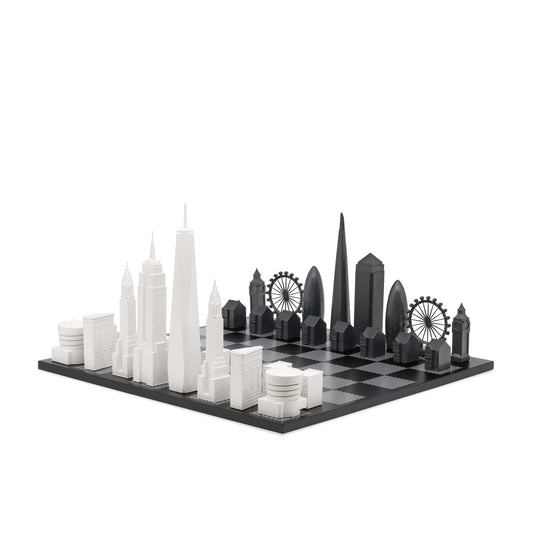 Skyline Chess Set Acrylic London Vs New York Edition with B/W Hatch Board