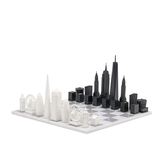 Skyline Chess Set Acrylic London Vs New York Edition with Marble Hatch Board