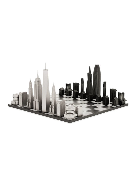 Skyline Chess Set Stainless Steel New York Vs San Francisco Edition with B/W Hatch Board