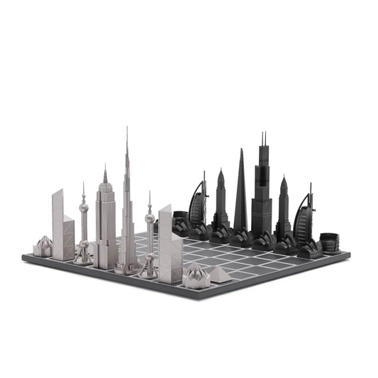 Skyline Chess Set Stainless Steel World Icons Edition with Wooden Grid Board