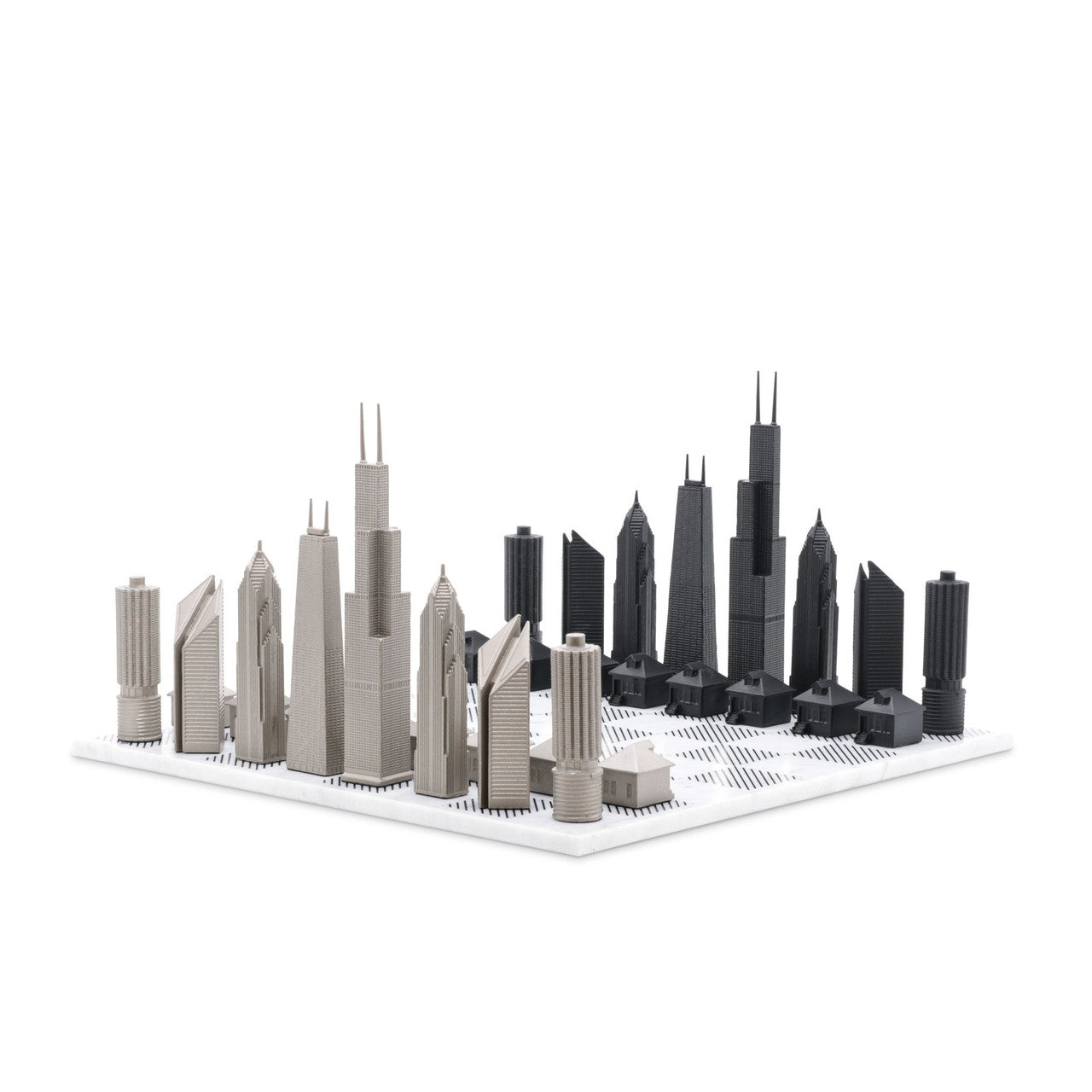 Skyline Chess Set Stainless Steel CHICAGO Edition with Marble Hatch Bo ...