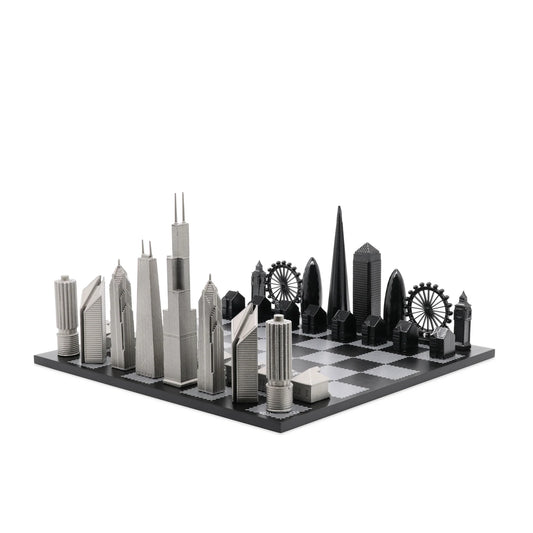 Skyline Chess Set Stainless Steel London Vs Chicago Edition with B/W Hatch Board