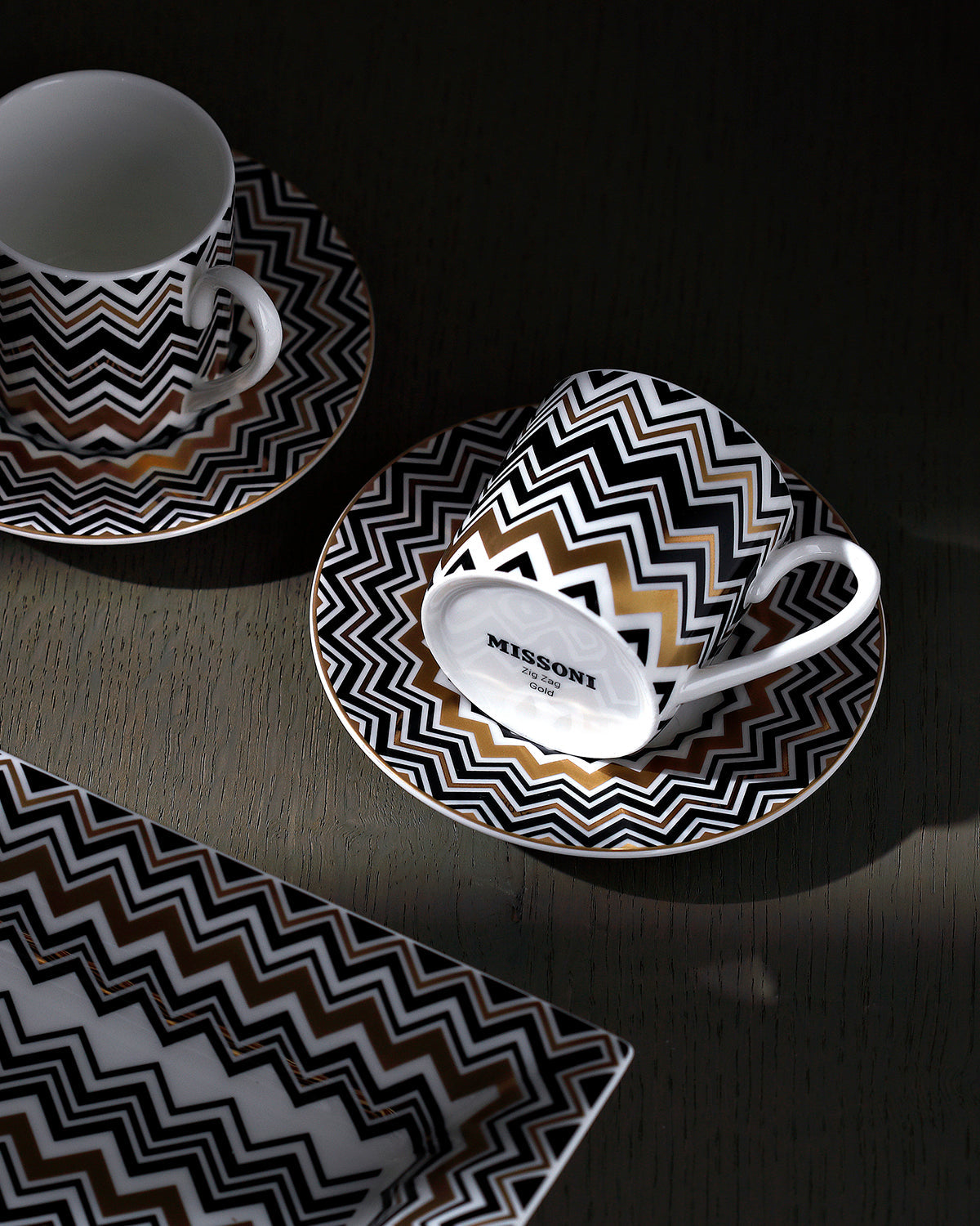 Missoni Home Coffee Cup & Saucer ZIG ZAG Set of 2 in Luxury Box Gold diam. 2.3", H 2.5", Cap. 4 oz, Saucer diam. 4.75"