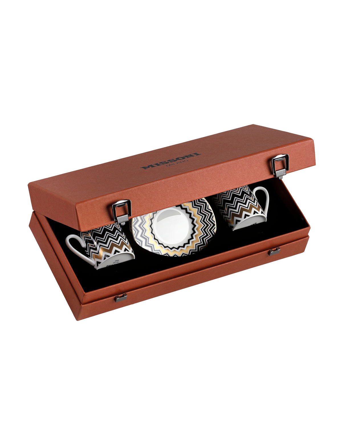 Missoni Home Coffee Cup & Saucer ZIG ZAG Set of 2 in Luxury Box Gold diam. 2.3", H 2.5", Cap. 4 oz, Saucer diam. 4.75"