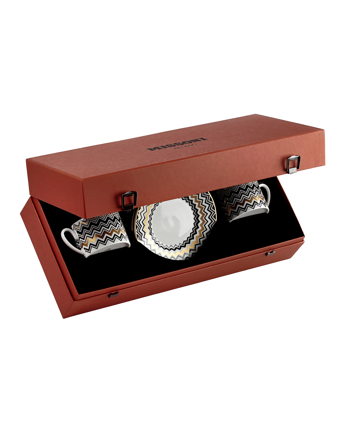 Missoni Home Tea Cup & Saucer ZIG ZAG Set of 2 in Luxury Box Gold diam. 3.3", H 2.3", cap. 7.5 oz, Saucer diam. 6"