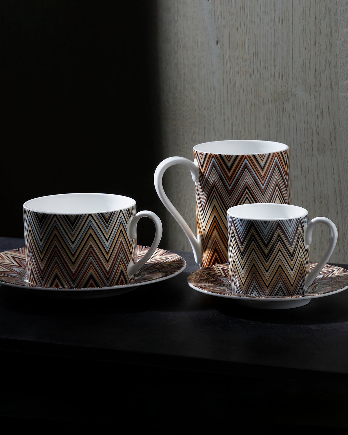 Missoni Home Tea Cup & Saucer ZIG ZAG Set of 2 in Luxury Box Jarris 148 diam. 3.3", H 2.3", cap. 7.5 oz, Saucer diam. 6"