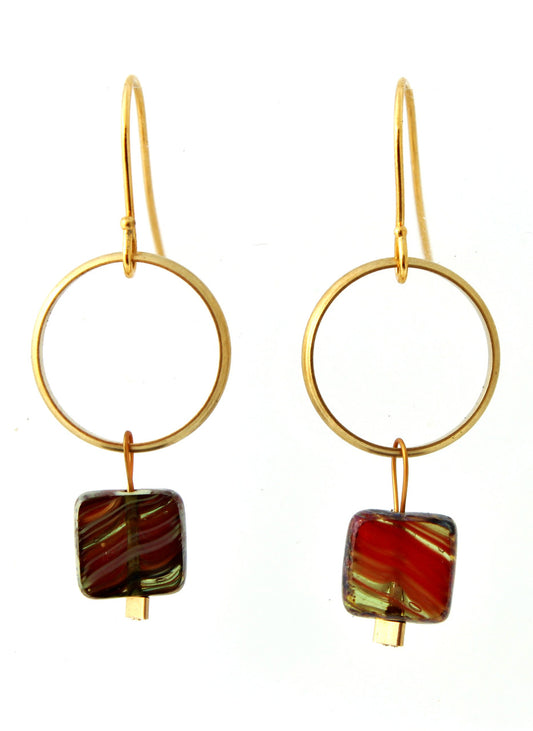 BRASS RING WITH RED GLASS EARRINGS