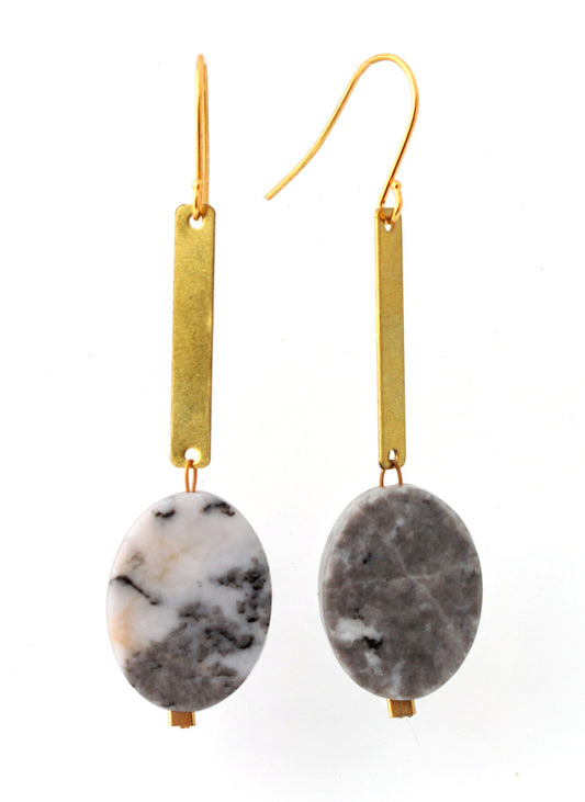 BRASS DROP WITH MARBLE OVAL EARRINGS