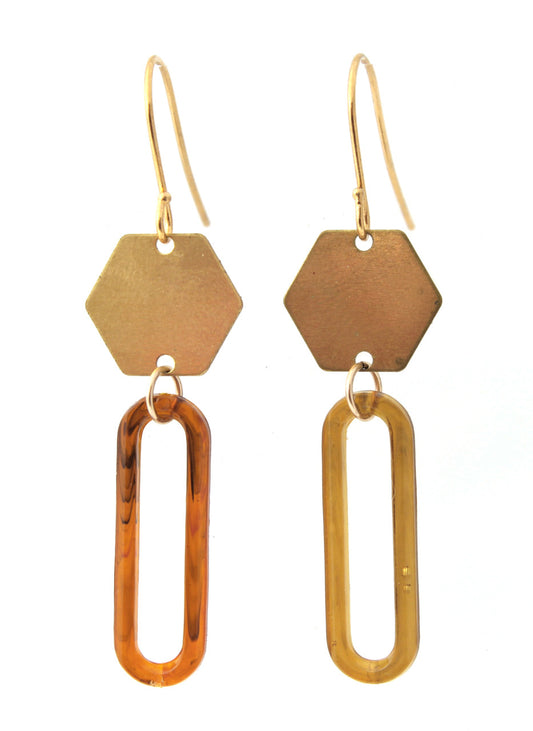 BRASS HEXAGON WITH VINTAGE ACRYLIC EARRINGS