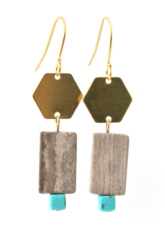 BRASS HEXAGON, GREY AND CREAM MARBLE WITH MAGNESITE EARRINGS