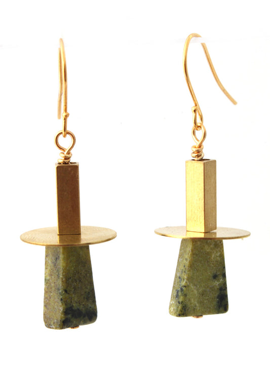 BRASS TUBE AND CIRLC DISK WITH GREEN JASPER EARRINGS