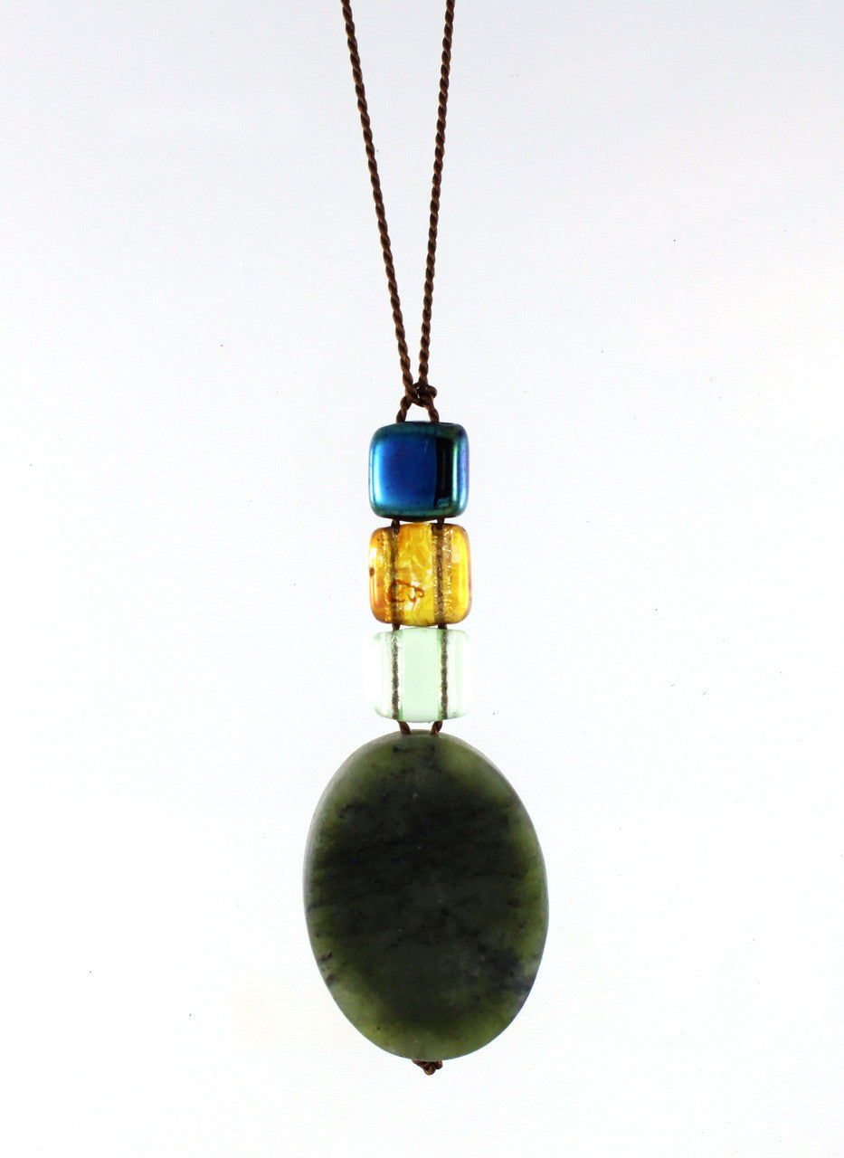 GREEN SERPENTINE WITH GLASS BEAD NECKLACE ON BROWN SILK