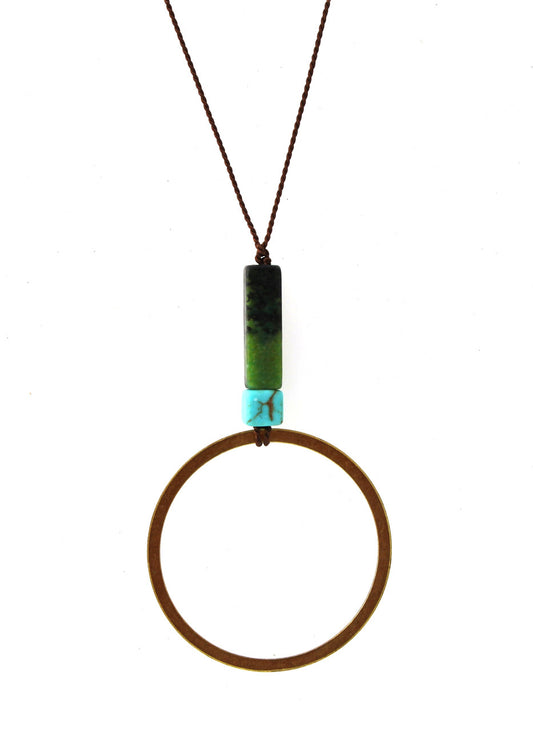 MAGNESITE WITH BRASS CIRCLE NECKLACE ON BROWN SILK