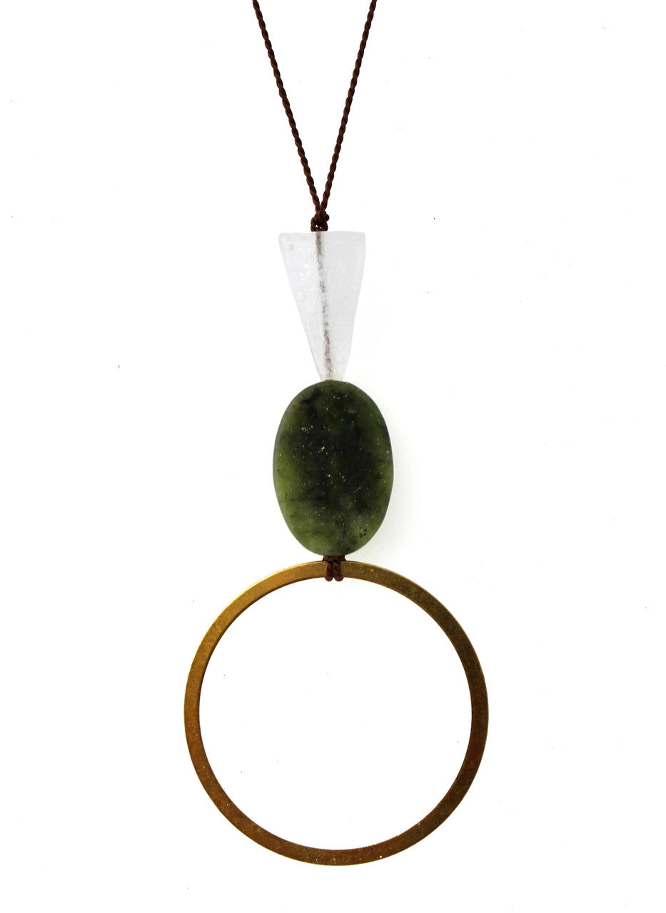 ROSE QUARTZ, GREEN SERPENTINE AND BRASS CIRCLE NECKLACE ON BROWN SILK