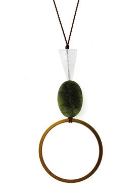 ROSE QUARTZ, GREEN SERPENTINE AND BRASS CIRCLE NECKLACE ON BROWN SILK