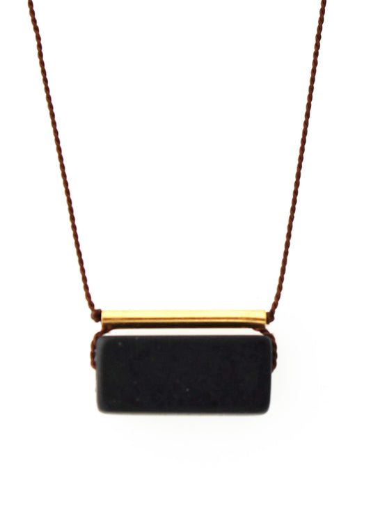 BLACKSTONE WITH GOLD-PLATED BRASS BAR NECKLACE ON BROWN SILK