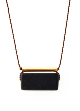 BLACKSTONE WITH GOLD-PLATED BRASS BAR NECKLACE ON BROWN SILK