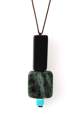 BLACKSTONE, GREEN JASPER AND MAGNESITE NECKLACE ON BROWN SILK