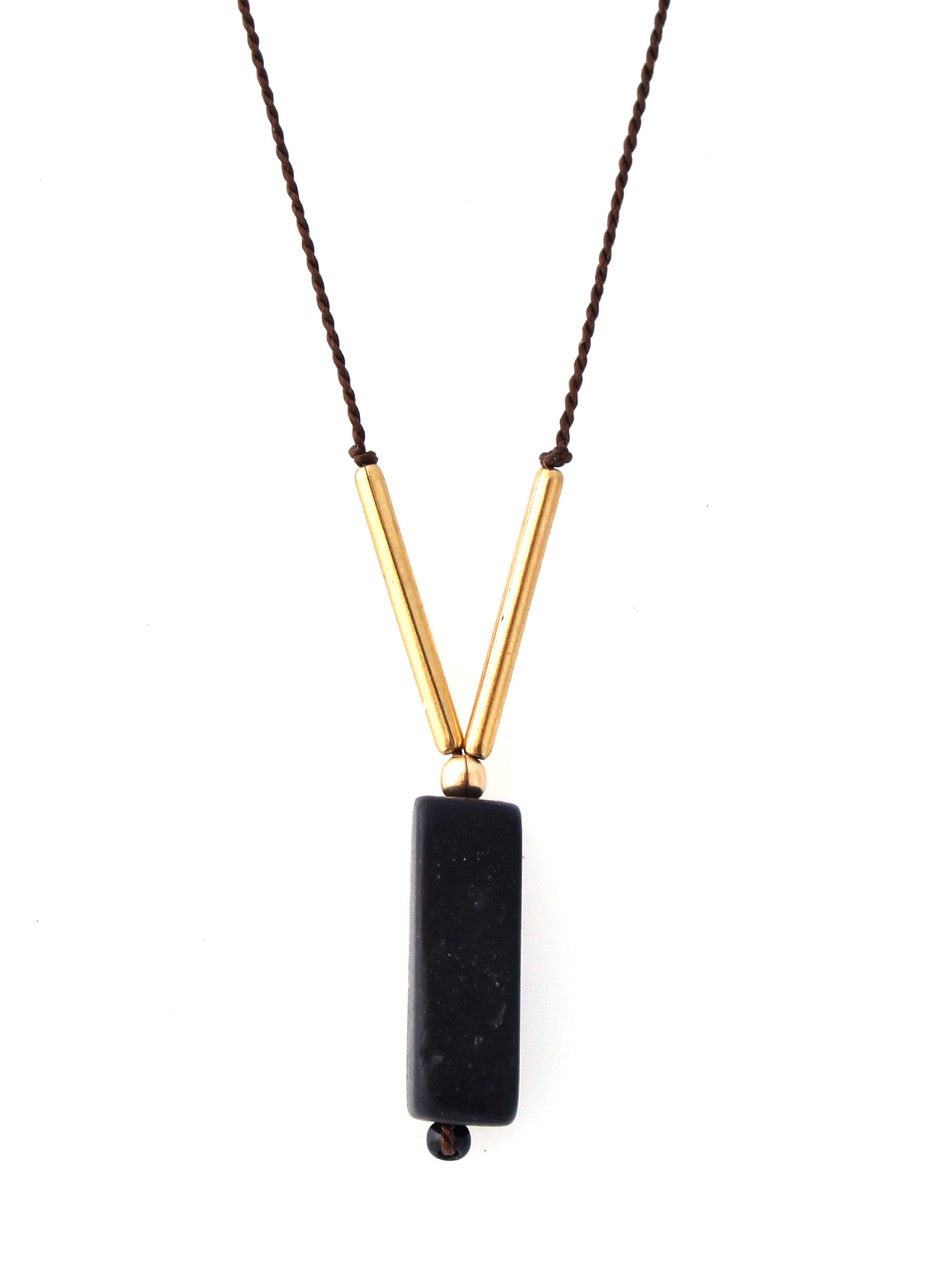 BLACKSTONE WITH GOLD-PLATED BRASS BARS NECKLACE ON BROWN SILK