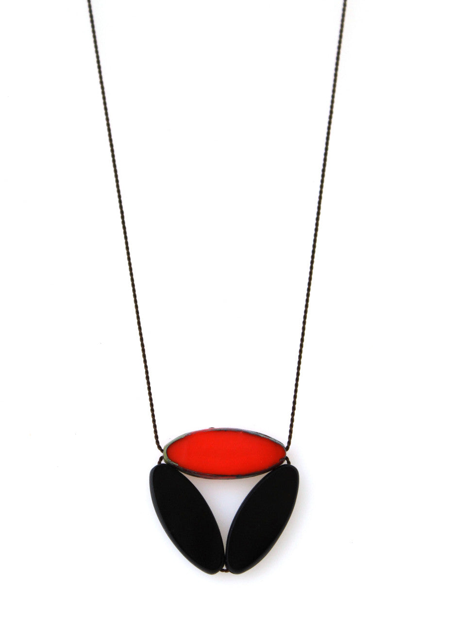 BLACK AND RED CZECH GLASS NECKLACE ON BROWN SILK