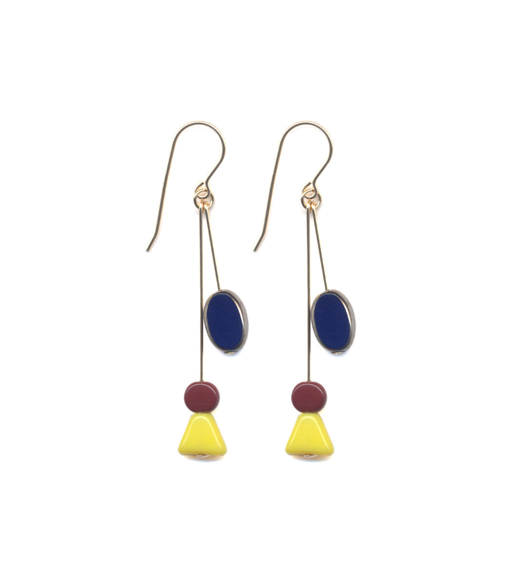 E1748 Yellow Triangle and Navy Oval Drop Earrings